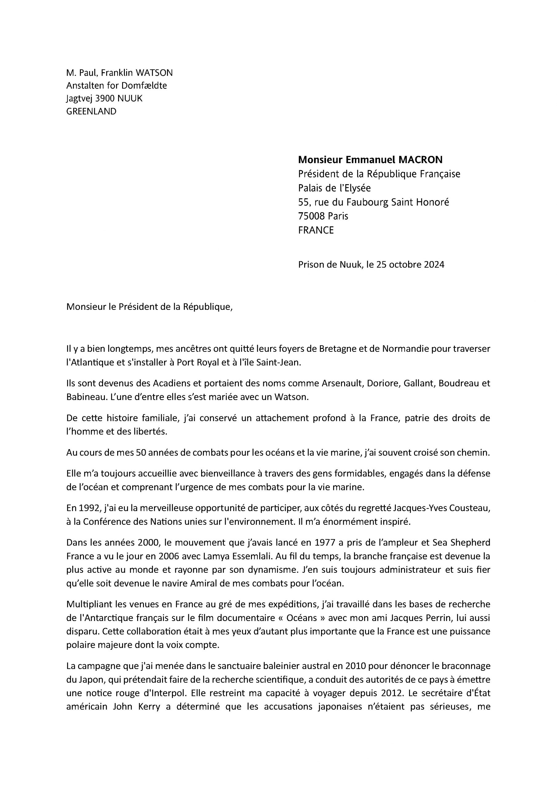 Lettre de Paul Watson à Emmanuel Macron