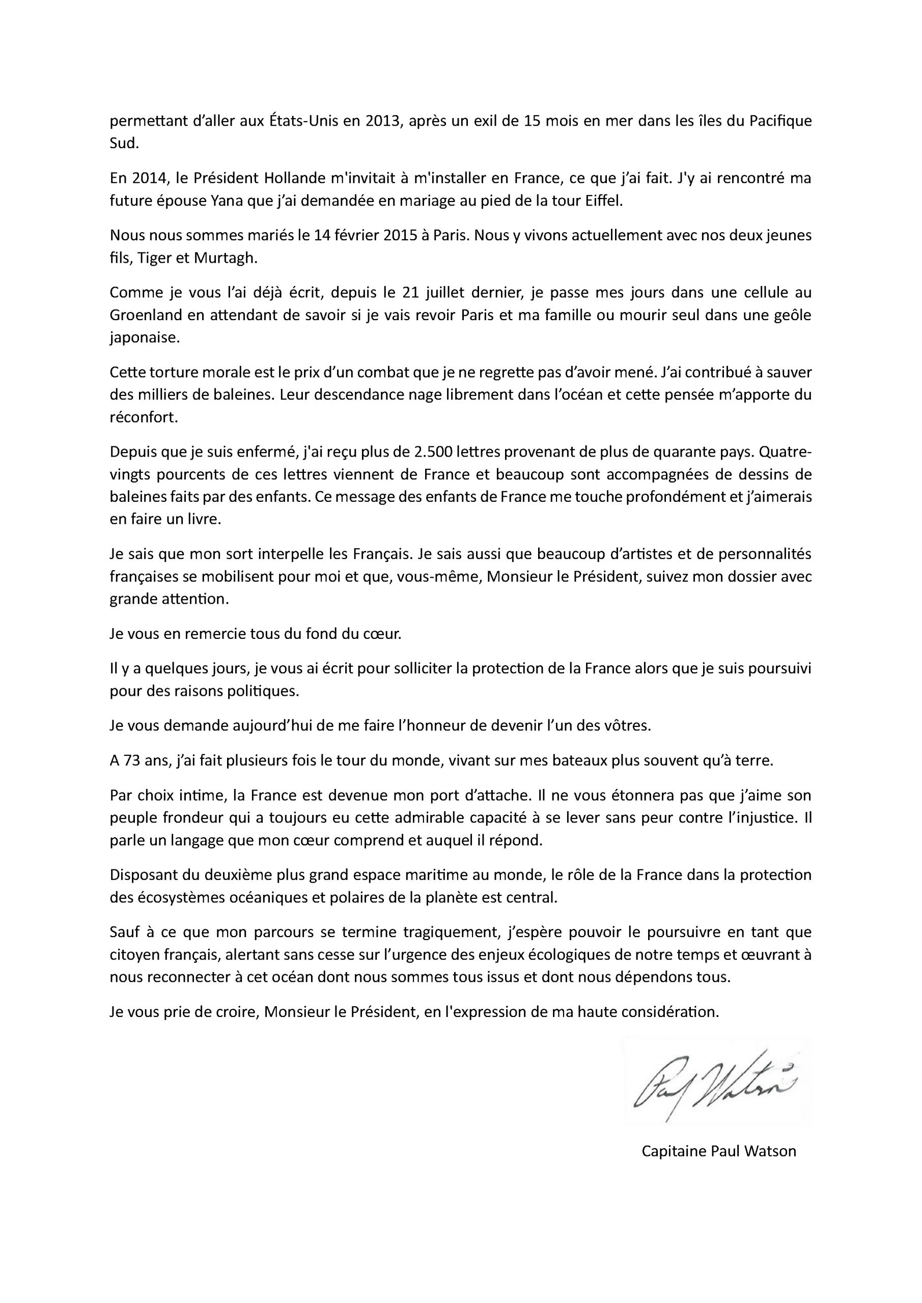 Lettre de Paul Watson à Emmanuel Macron